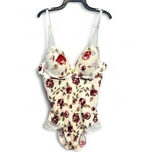 Jessica Simpson Lingerie Floral Bodysuit Lace Detail Sz M Coquette White Red